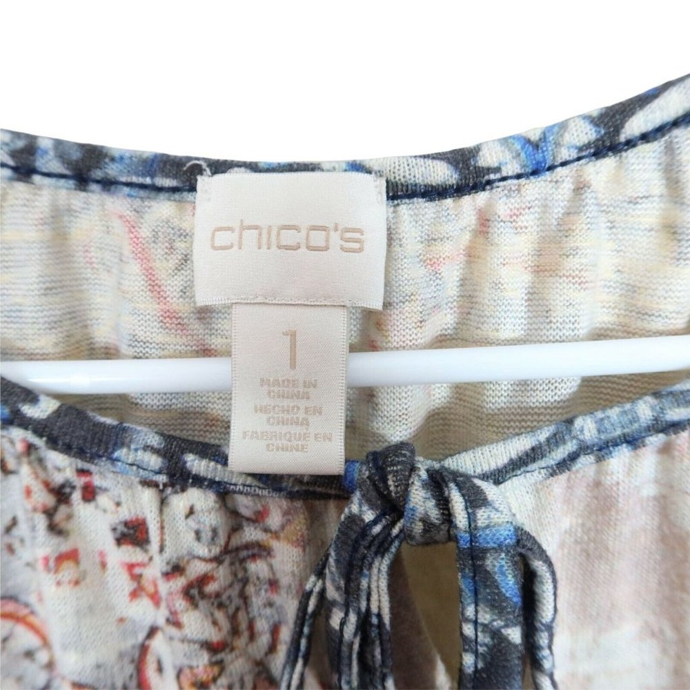 4/$25 CHICOS 1 S/M Blue Orange Abstract Crochet Lace Trim Sleeve High Low Top - Picture 2 of 5